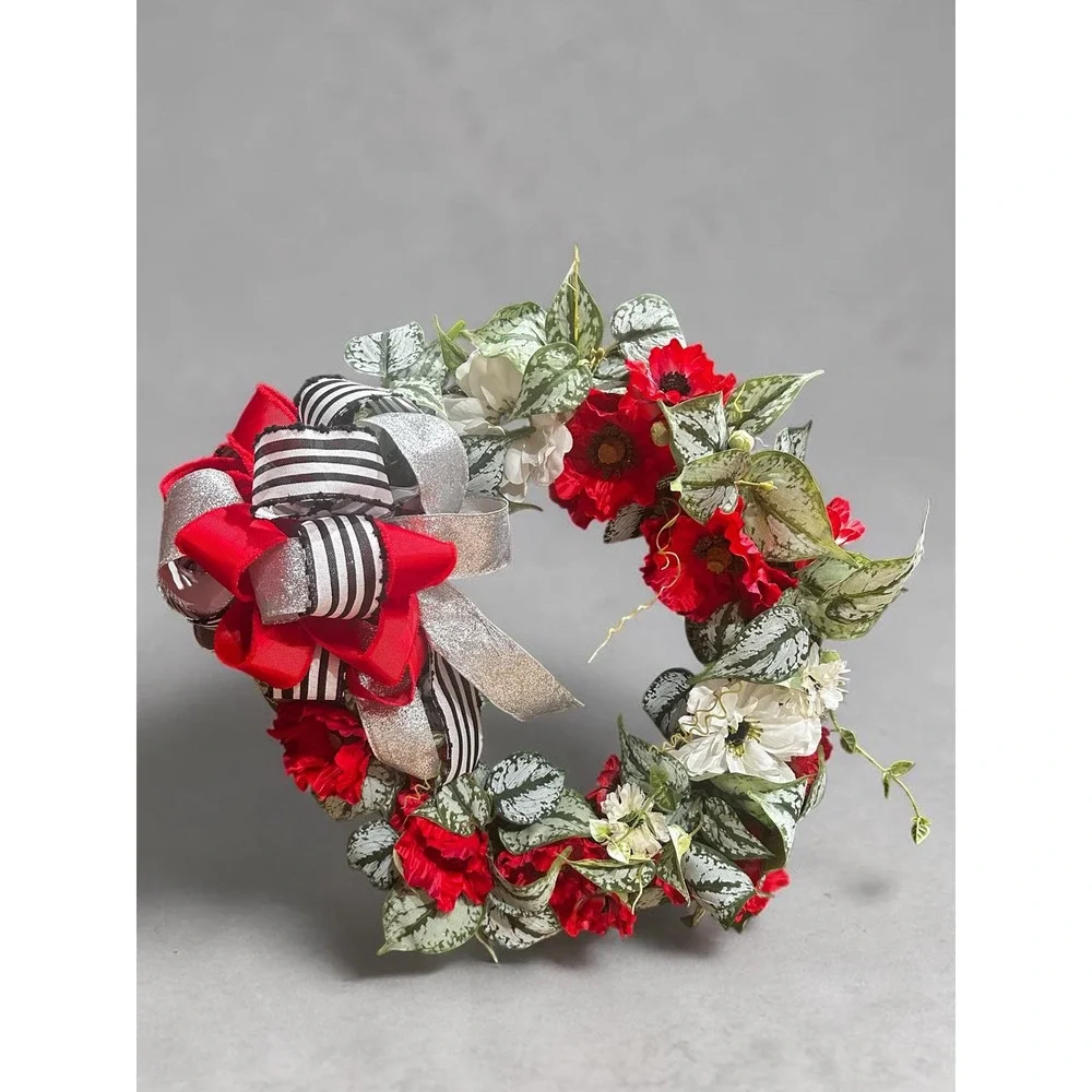 Colorful Spring Wreath; Faux Floral Door Accent; Red and White Wreath